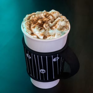 Cup Cozy | Skull Pinstripe | Coffee Sleeve | Iced Coffee Sleeve | Hot Coffee Sleeve | Coffee Sleeve Handle | Spooky | Halloween | Gothic
