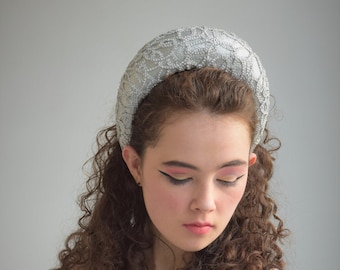 Silver Halo Crown - Silver Headband - Silver Lace Headband - Silver Wedding Headpiece - Wedding Guest Fascinator Headband - High Headband