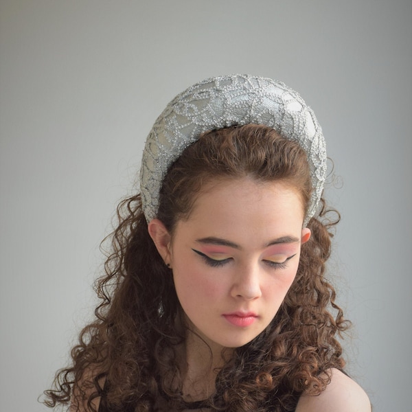 Silver Halo Crown - Silver Headband - Silver Lace Headband - Silver Wedding Headpiece - Wedding Guest Fascinator Headband - High Headband