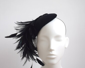 Black Velvet Half Hat - Black Feather Fascinator - Cocktail Hat - Black 1950s Hat - Cracked Egg Hat - Half Hat - Vintage Inspired Headpiece
