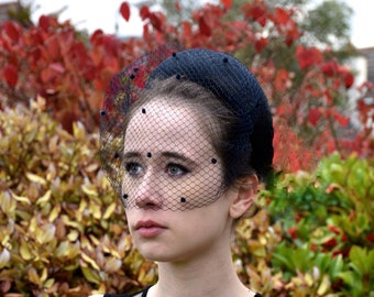 Navy Blue Halo Crown with Birdcage Veil – Wedding Guest Headband