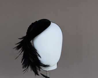 Black Velvet Half Hat - Black Feather Fascinator - Cocktail Hat - Black 1950s Hat - Cracked Egg Hat - Half Hat - Vintage Inspired Headpiece