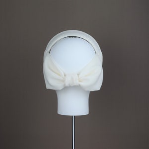 Ivory Cream Fascinator Crepe Fabric Covered Hatband Headband with Large Back Bow for Wedding, Christening