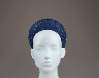 Navy Blue Beaded Headband Fascinator - Navy Fascinator Band - Navy Blue Wedding Guest Headband with opt Birdcage Veil - Navy Chunky Hairband