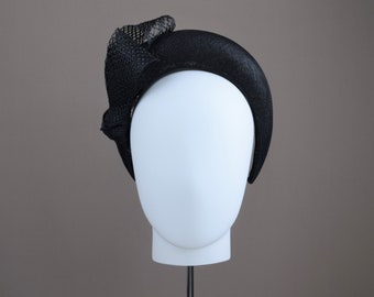 Black Straw Headband Fascinator - Black Wedding Headband - Black Halo Wide Headband Hat - Black Halo Band Wedding Guest Hatband Fascinator