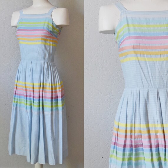 Original 1950's Pastel RAINBOW Stripe Dress xs Ext