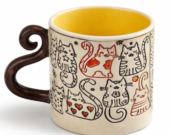 Handmade Ceramic Cat Mug | Hand Painted Pottery Cup with Yellow Glaze | Gift for Cat Lovers