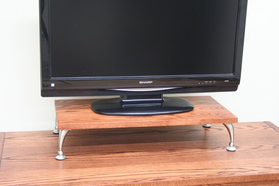 Tv Riser Monitor Stand Curved Legs In Mission Oak Wood Image 0
