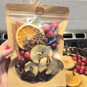 Può includere: Un sacchetto di plastica trasparente pieno di fette d'arancia essiccate, mirtilli rossi, fette di mela, bastoncini di cannella, anice stellato e chiodi di garofano. Il sacchetto è sigillato con una parte superiore di carta marrone e spago.