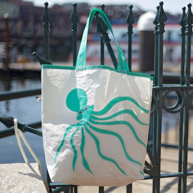 large - Recycled Sail Bag Beach Getaway Teal Octopus