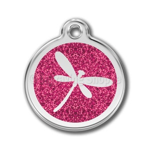 GLITTER Dragon Fly Hot Pink Enamel and Stainless Steel Personalized Custom Pet Tag LIFETIME GUARANTEE id  Cat Tags Dog Tag Free Engraving