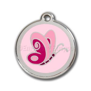Pink Butterfly Enamel and Stainless Steel Personalized Custom Pet Tag with LIFETIME GUARANTEE ID Tag Dog Tags and Cat Tags Free Engraving