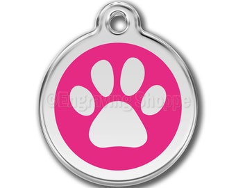 Hot Pink Paw Print Enamel and Stainless Steel Personalized Custom Pet Tag LIFETIME GUARANTEE ID Tag Dog Tags and Cat Tags Free Engraving