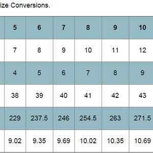 May include: A chart showing insole size conversions for men's and unisex shoes in US, UK, EU, millimeters, and inches.