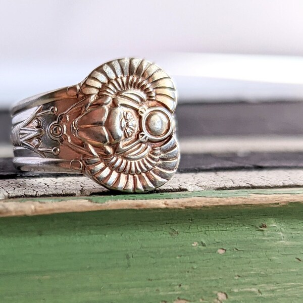 Scarab Beetle Ring | Thumb Ring | Egyptian Pattern | Vintage Ring | Silverware Ring | Wrap Around Ring | Antique Ring | Statement Ring