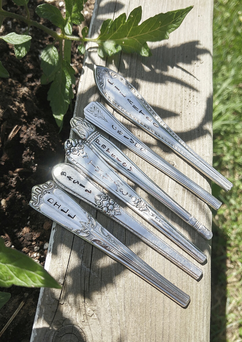Puede incluir: Seis cucharas de plata con mangos adornados, cada una grabada con una palabra diferente: "LILA", "IVY", "ROSEMARY", "THYME", "BASIL" y "FHO".