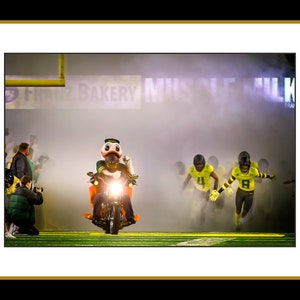 Here come the Ducks! Duck Harley leads the team into Autzen. Oregon Football. Sports Print, Oregon Ducks. Go Ducks. Football. Fine Art
