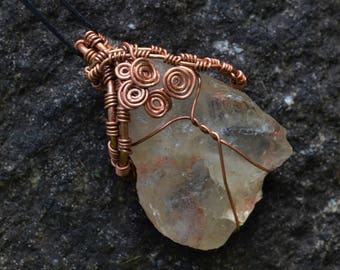 Wire Wrapped Pendant Necklace Raw Quartz Crystal and Antiqued Copper