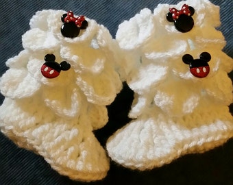 Booties baby with Minnie and Mickey Mouse buttons great shower  newborn gift