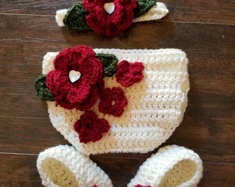 Red rose infant diaper cover set,  photo prop, Christmas gift