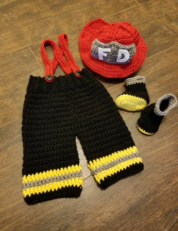 Prop Crochet Baby Fireman Outfit 3pcs/set FD Firefighter Newborn