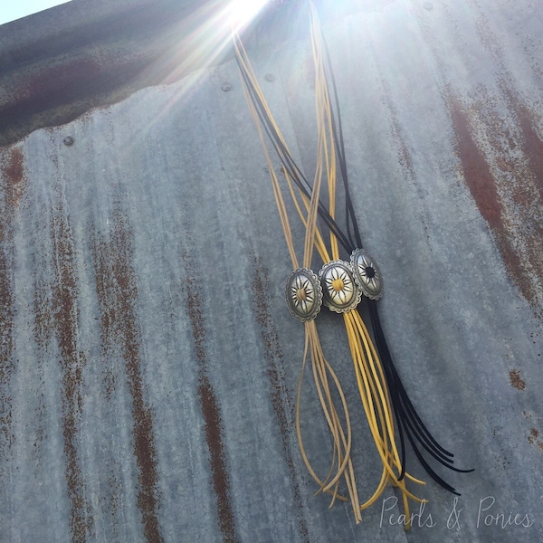 The {Cheyenne} Silver or Bronze Concho bolo style necklace. Eight colors in this necklace. long necklace. Concho necklace. 25" long