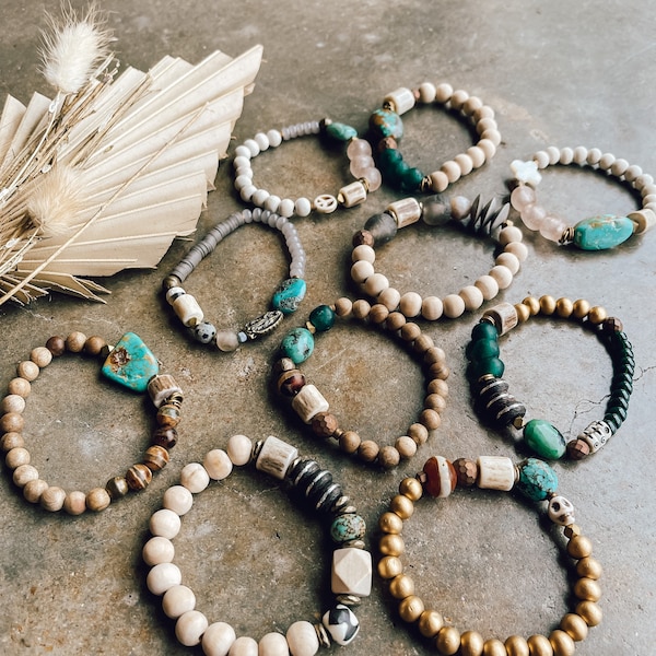 The {Catarina} Deer Lease bracelets with tumbled deer shed antler beads, natural stones & turquoise. Stretch. Hunter