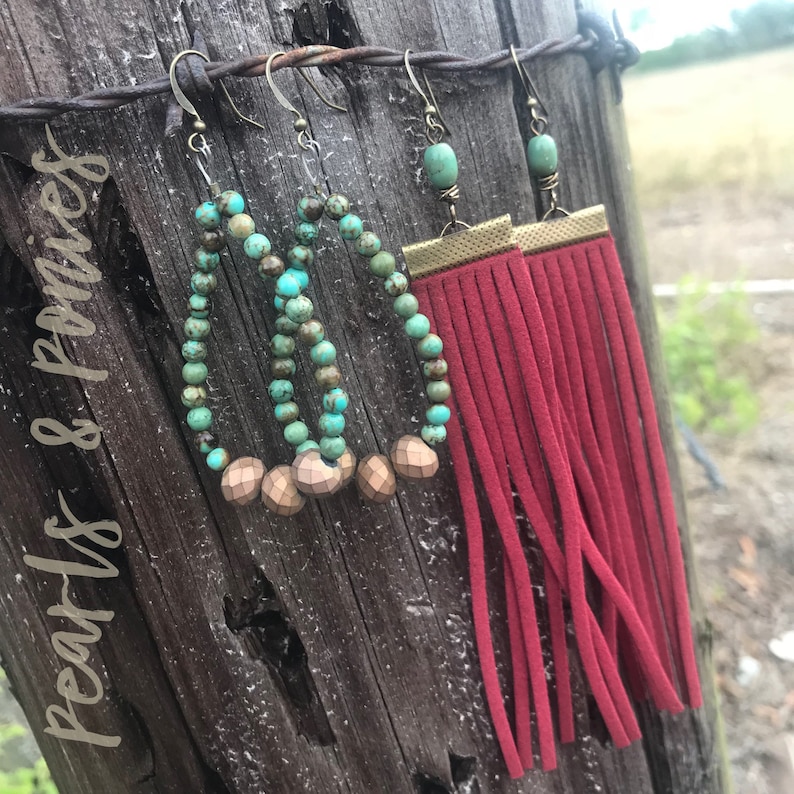Red Suede Tassel Earrings With Turquoise Stone or Natural Etsy