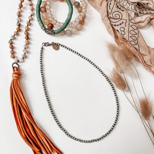 The {Laurent} 4mm dainty navajo pearl necklace. Sits at Collarbone. Silver
