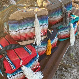 The {Traveller} weekender bags. Serape tote with handmade yarn tassel. Luggage bag. Shoulder straps.