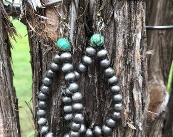 The {Midnight Rodeo} Turquoise & Navajo Pearl Earrings. Beaded hoop finished with turquoise stone. Handmade. Light weight. Pear shape.