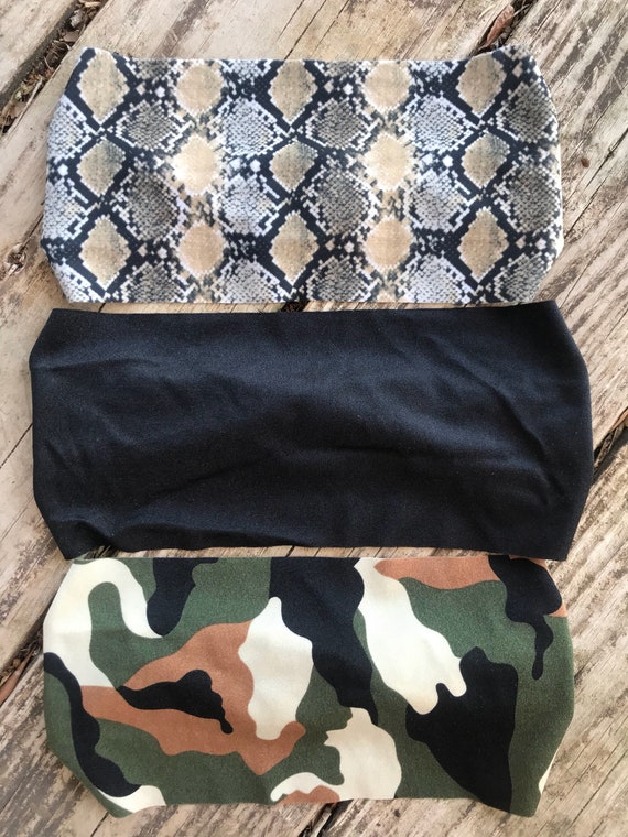 The {Ramblin Man} headbands. snake skin. Black. Camouflage. Printed spandex. Pearls & Ponies headbands. Unisex. exercise