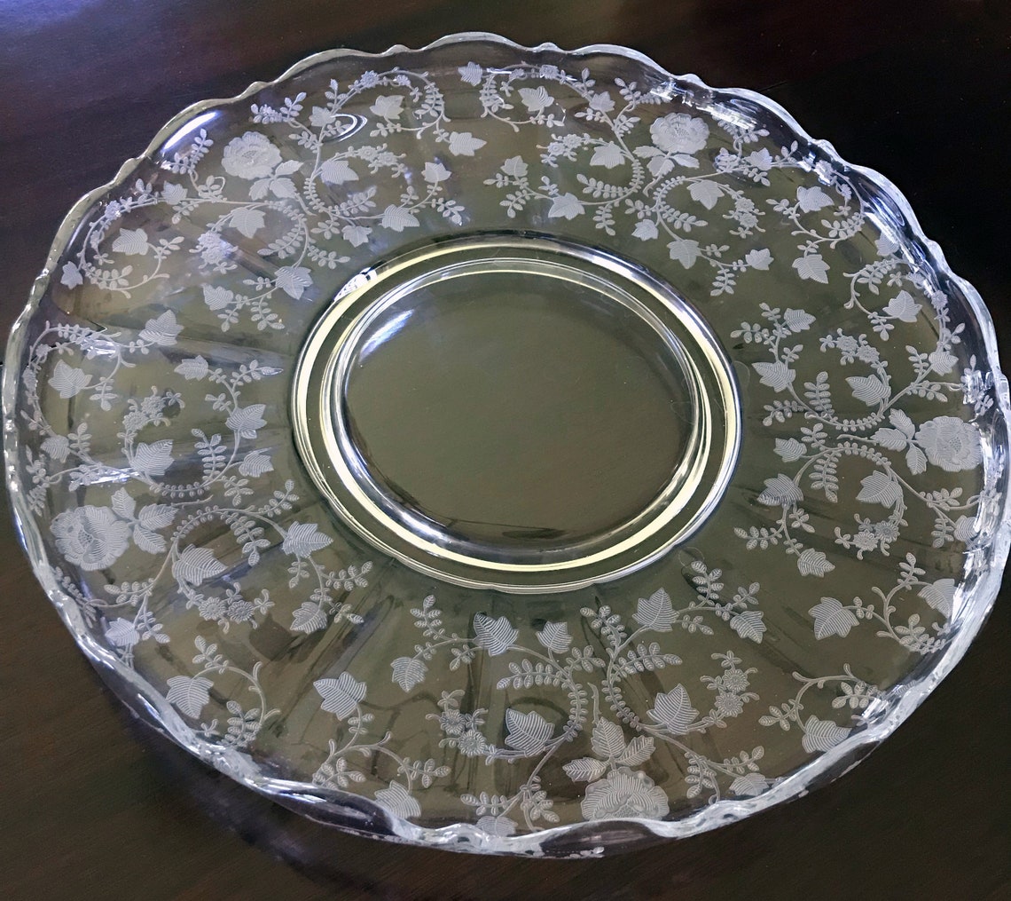Vintage Glass Platter with Scalloped Edge and Etched Floral Etsy