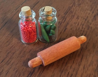 Dollhouse Miniatures 1:12 scale, Glass Kitchen Canisters with cork lids and Wooden Rolling Pin