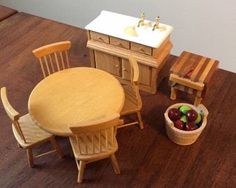 Dollhouse Furniture 1:12 scale, Oak Kitchen Set, 8 pieces total including table, chairs, sink, butcher's block