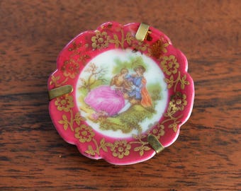 Limoges Castel Miniature Plate, Cranberry Red and gold floral trim, Dollhouse Furniture and Acessories, Collectible Porcelain