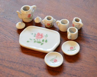 Dollhouse Miniatures, Vintage Porcelain Tea Set, with Teapot cream, sugar and tray, plus 2 plates and 2 mugs