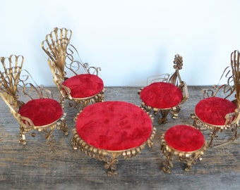 Dollhouse Tin Can Furniture Set, Tramp Art with Quilled Gold edges and red velvet cushions, 1:12 scale, Miniature Dollhouse Living Room Set