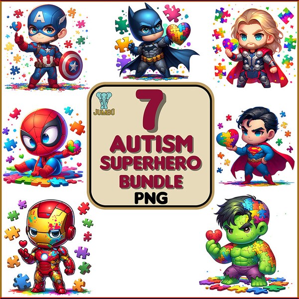 7 Autism Superhero Png Bundle, Autism Awareness Day Png, Super Autism Png, Be Kind Png, Puzzle , Autism Kid, Superhero Cartoon,Digital Files