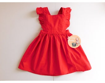 Red Flutter Sleeve Pinafore dress | Valentines day dress | Bright red | baby dress | Toddler girl dress