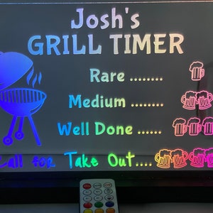 Grill timer Custom Multi-Color LED CHASING lighted Plexiglass sign custom Bar sign mancave Whisky Cocktail personalized beer sign