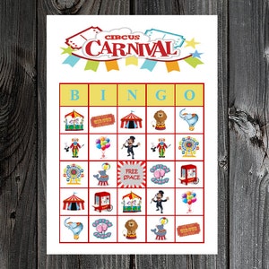 Bingo de carnaval de circo, 30 cartones de juego de bingo para fiesta de cumpleaños imprimibles