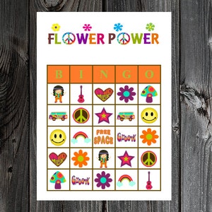 Flower Power Bingo 30 Tarjetas de juego de bingo para fiestas hippie retro de los años 60 y 70 imprimibles