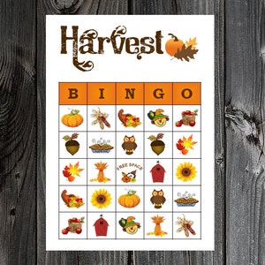 May include: A printable Harvest Bingo card with a variety of fall-themed images, including pumpkins, acorns, owls, and hay bales. The card is designed for a game of bingo.