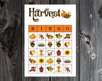 May include: A printable Harvest Bingo card with a variety of fall-themed images, including pumpkins, acorns, owls, and hay bales. The card is designed for a game of bingo.