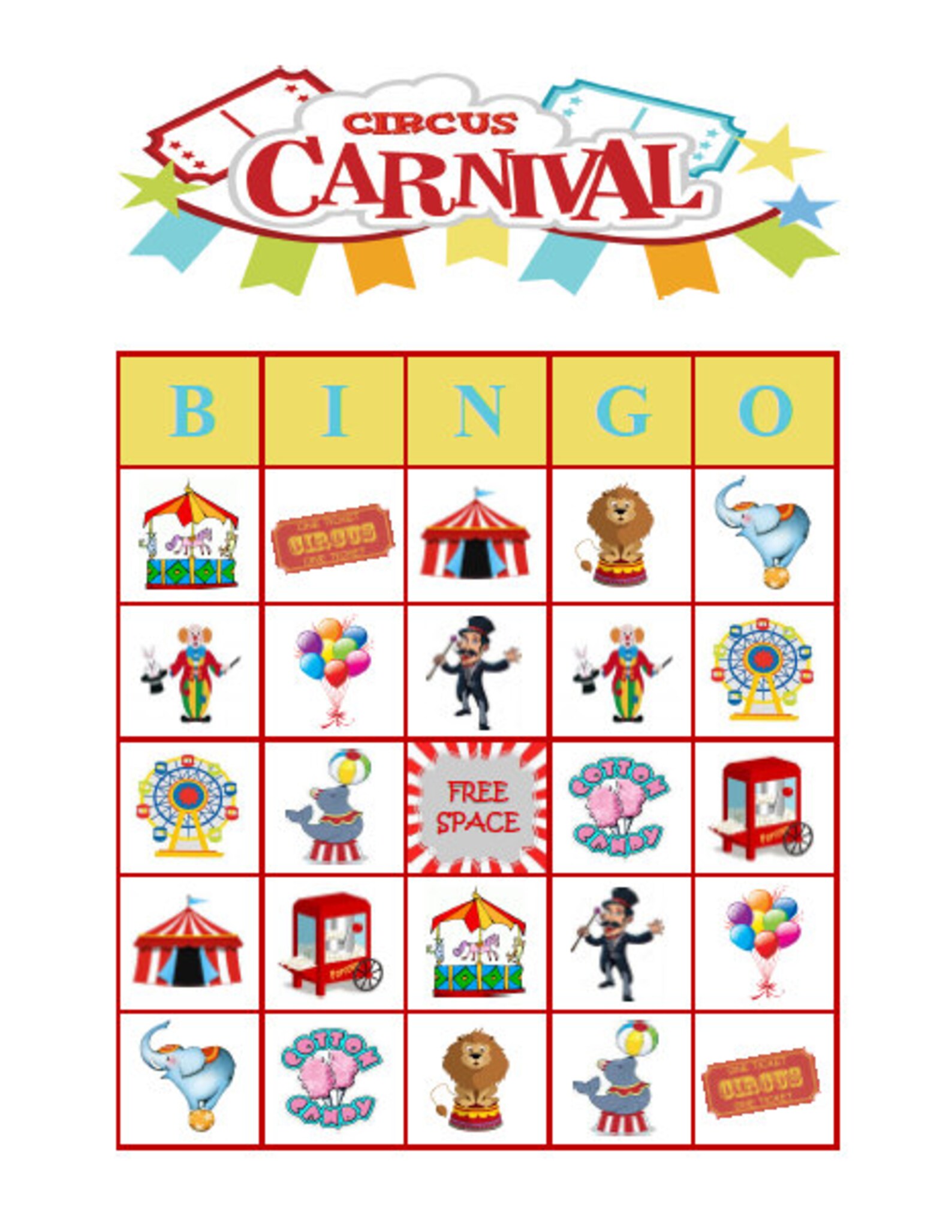 Circus Carnival Bingo 30 Printable Birthday Party Bingo Game Cards Etsy