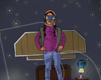May include: A young person wearing a cardboard rocket costume and goggles stands on a purple bed with a globe and lamp on a nightstand. The background is a dark blue with white stars. The text "Imagination fuels dreams" is at the bottom of the image.