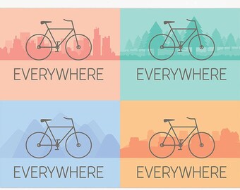 May include: A graphic print with four different colored backgrounds, each featuring a black silhouette of a bicycle with the text "EVERYWHERE" below it.