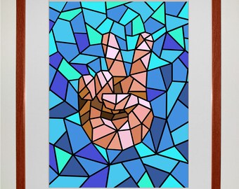 May include: A peace sign formed from colorful stained glass pieces in shades of blue, turquoise, pink, and brown. The peace sign is set against a background of blue and turquoise stained glass.