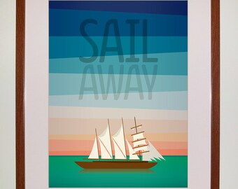 May include: A framed print with a sailboat on a blue and green ocean with the text "SAIL AWAY" in white.